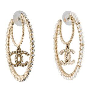 Chanel 2020 Crystal & Faux Pearl Mismatch Hoop Earrings